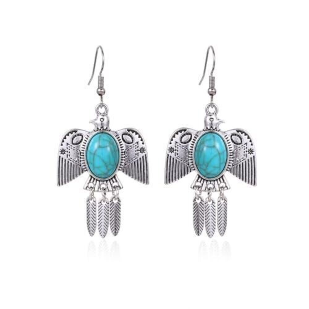 6341 Boho Handmade Vintage Turquoise Earrings Dangling Silver Bohemian